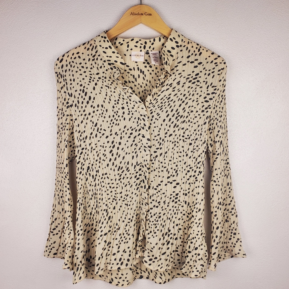 Covington Cream Black Dotted Accordian Pleated Crinkle Blouse Top Semi Sheer S